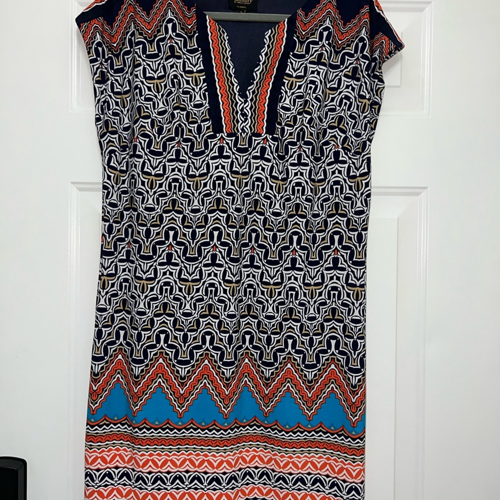 LAUNDRY By Shelli Segal Dress Split Neck Blue‎ Orange Tan Turquoise White Sz S